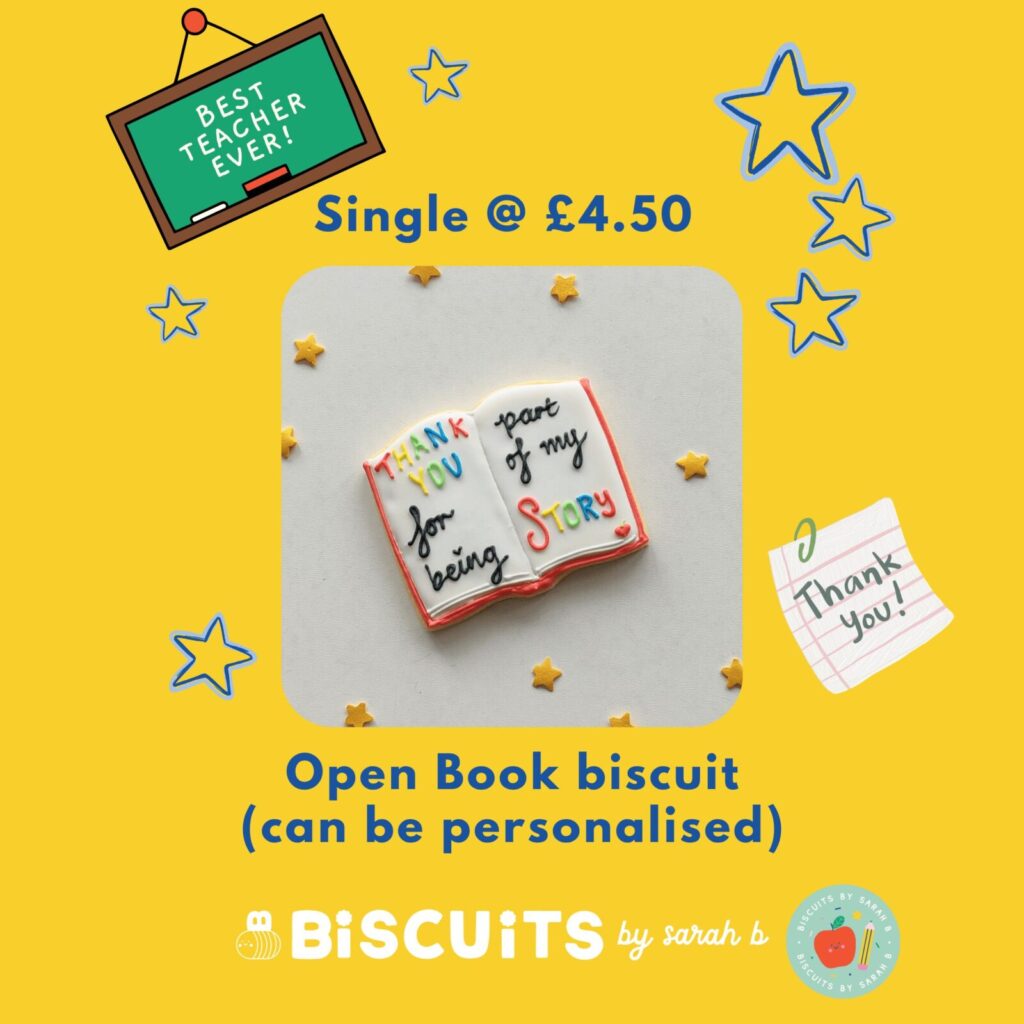Open Book Royal Iced Biscuit with the words "Thank you for being a part of my story" on ~ perfect Thank You Teacher Gift
