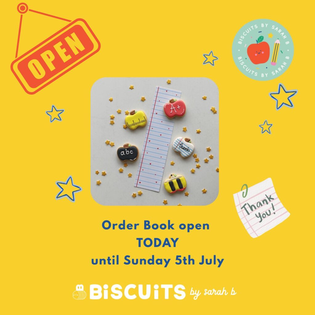 Thank You Teacher Biscuit Order Book is open ~ image showing 5 mini apple shaped biscuits decorated with royal icing