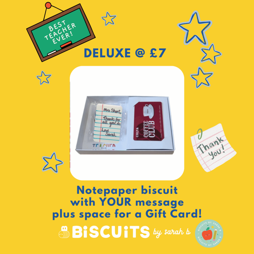 Gift Box with a royal iced biscuit decorated to look like notepaper with a Thank You Teacher message on plus space for a Gift Card